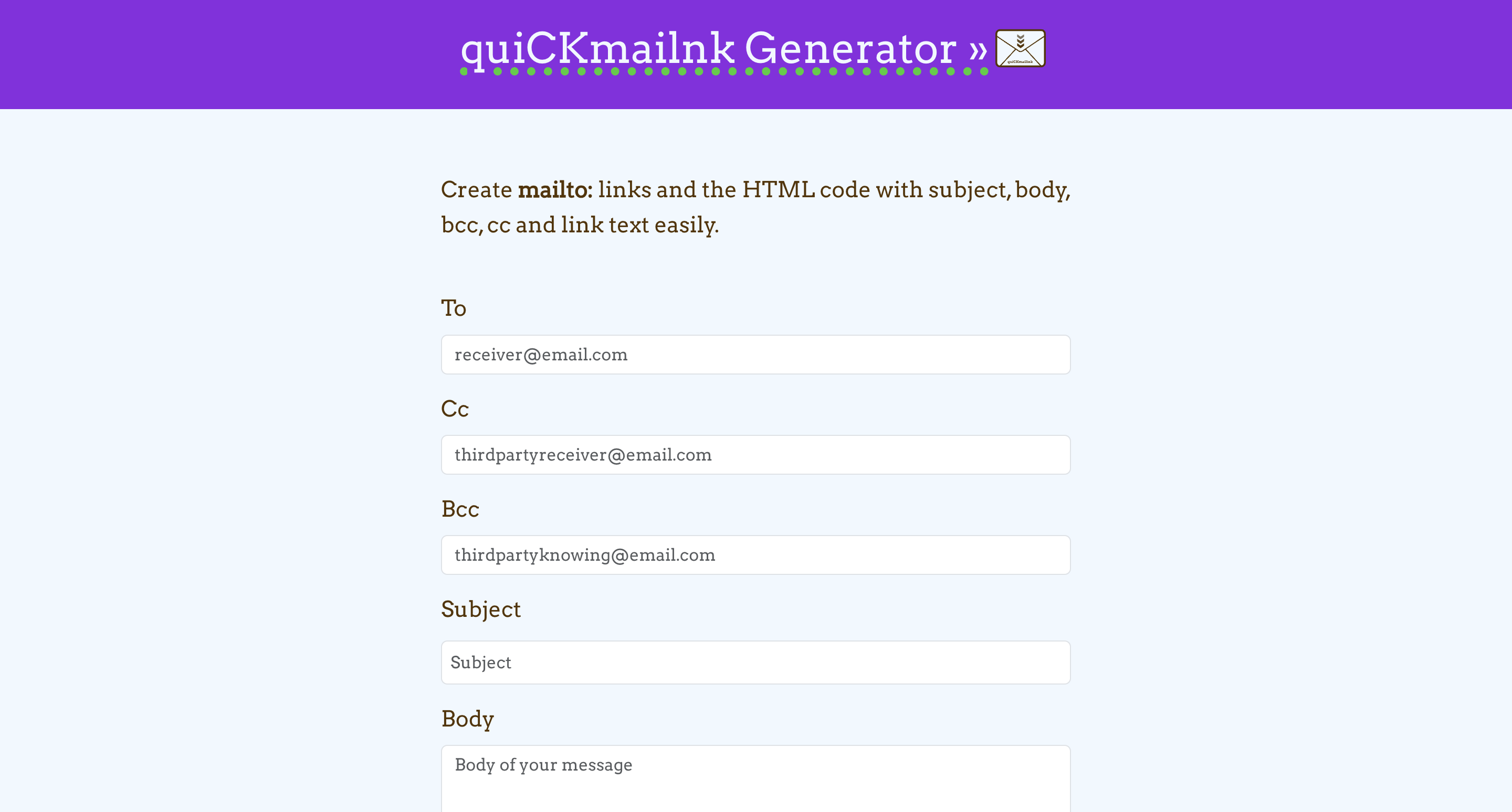 quiCKmailnk mailto link oluşturucu ekranı
