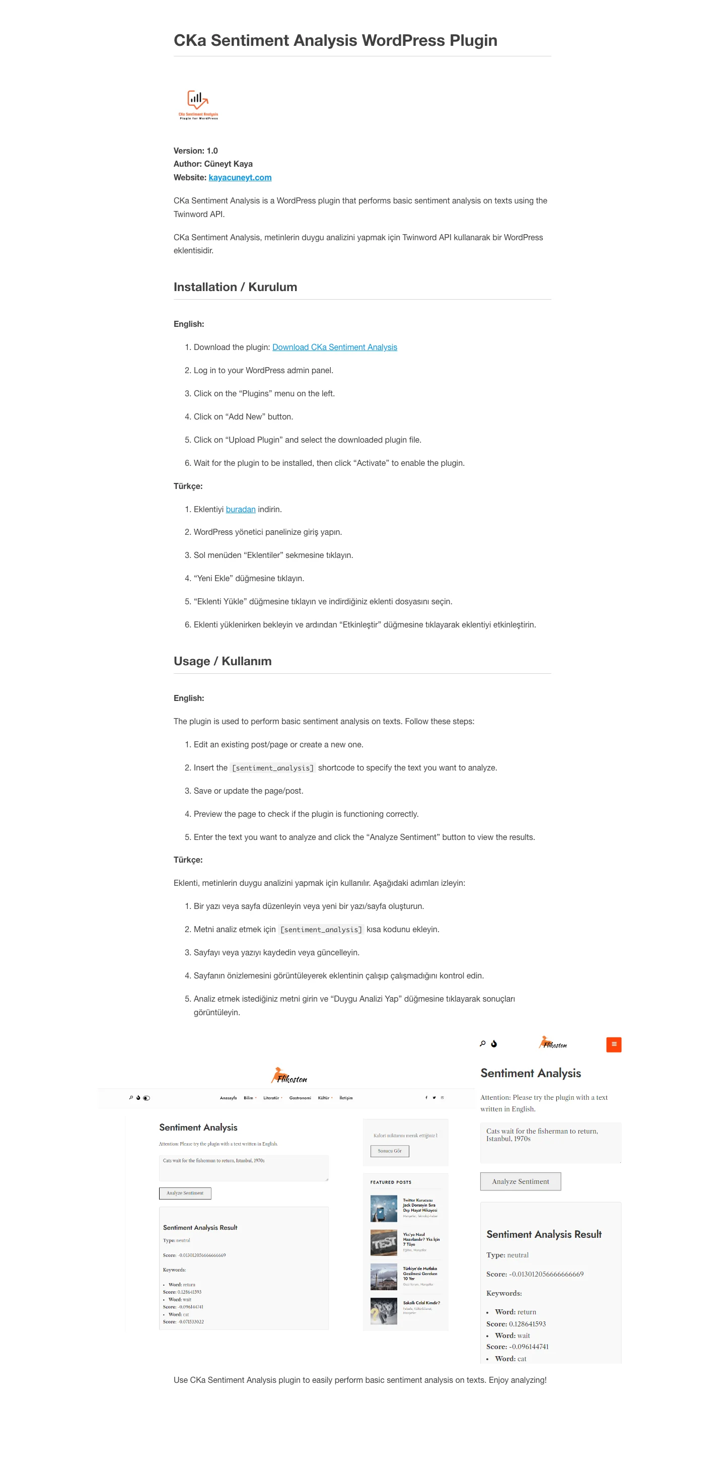 CKaya Sentiment Analysis WordPress Plugin project preview