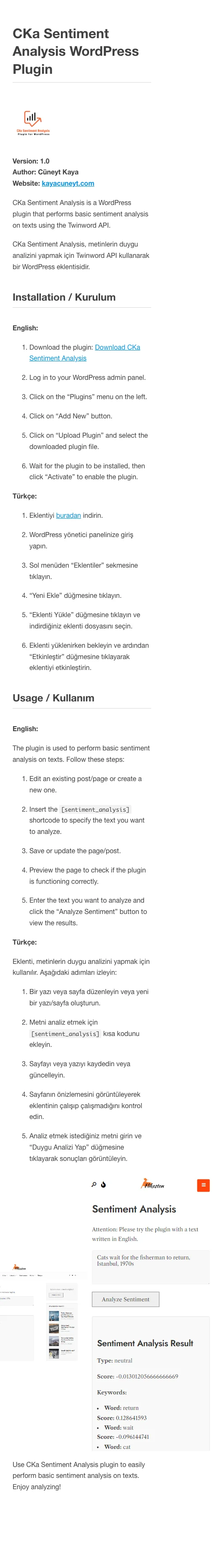CKaya Sentiment Analysis WordPress Plugin project preview